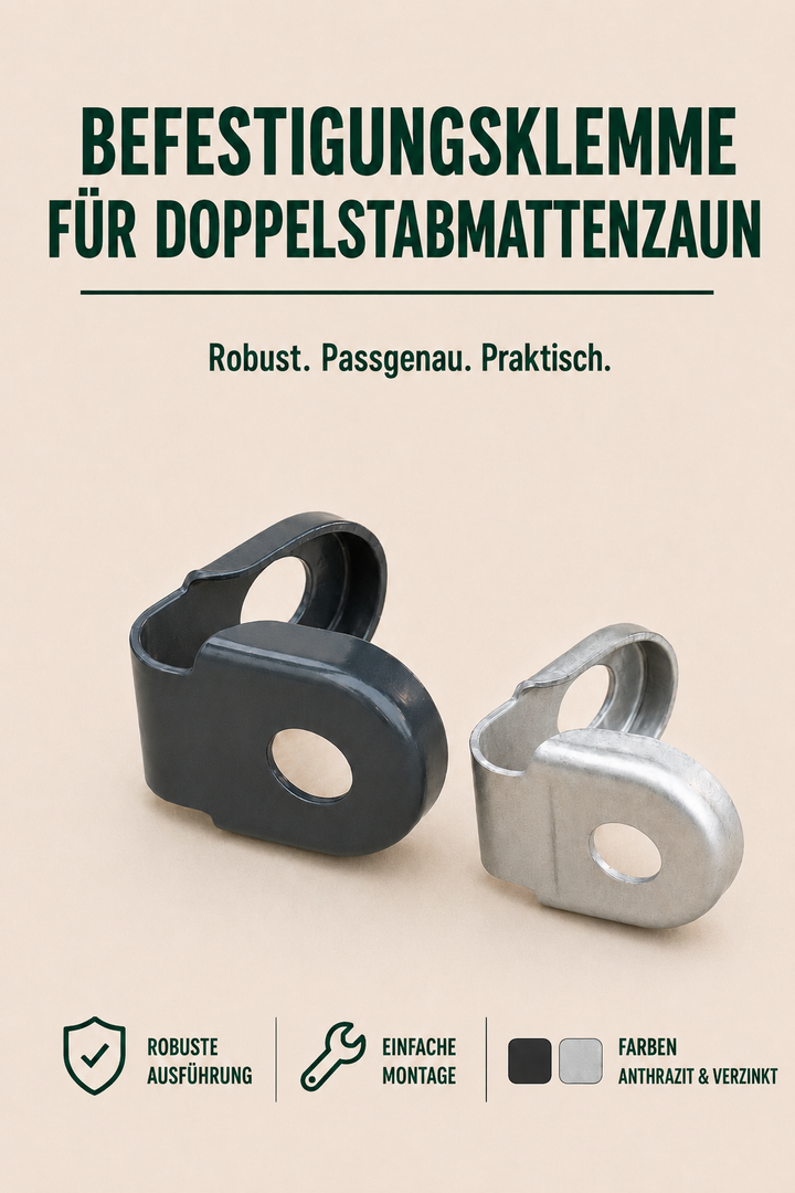 Befestigungsklemme für Doppelstabmattenzaun am Torpfosten