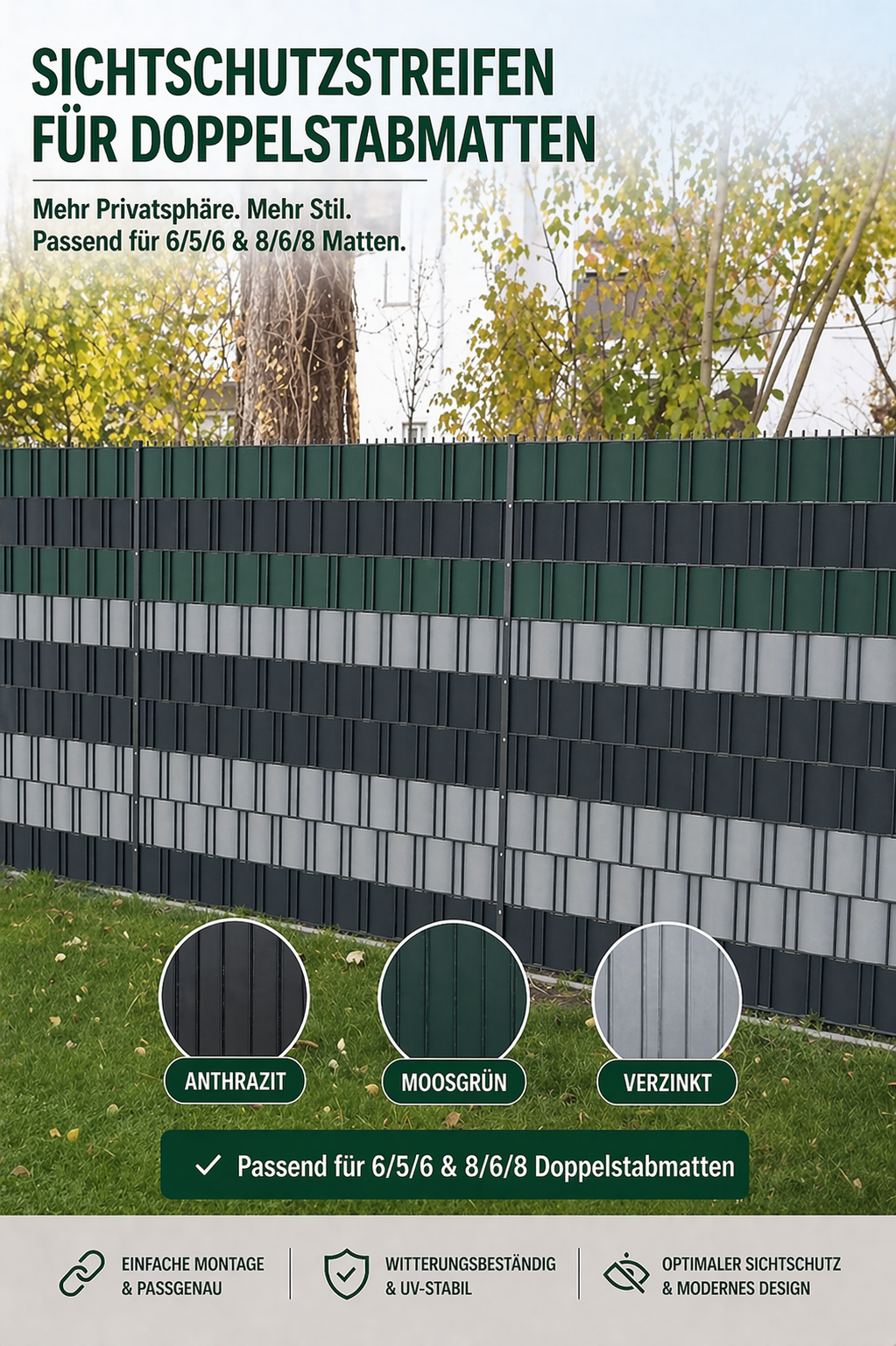 Sichtschutzstreifen für Doppelstabmattenzaun | PVC | 0,19x35m