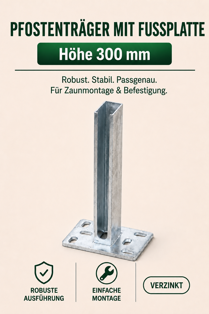 Pfostenträger mit Fussplatte für Doppelstabmattenzaun | 300mm | 60×40 mm