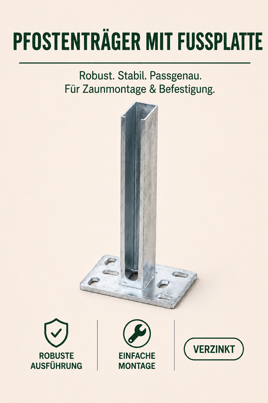 Pfostenträger mit Fussplatte für Doppelstabmattenzaun | 300mm | 60×40 mm
