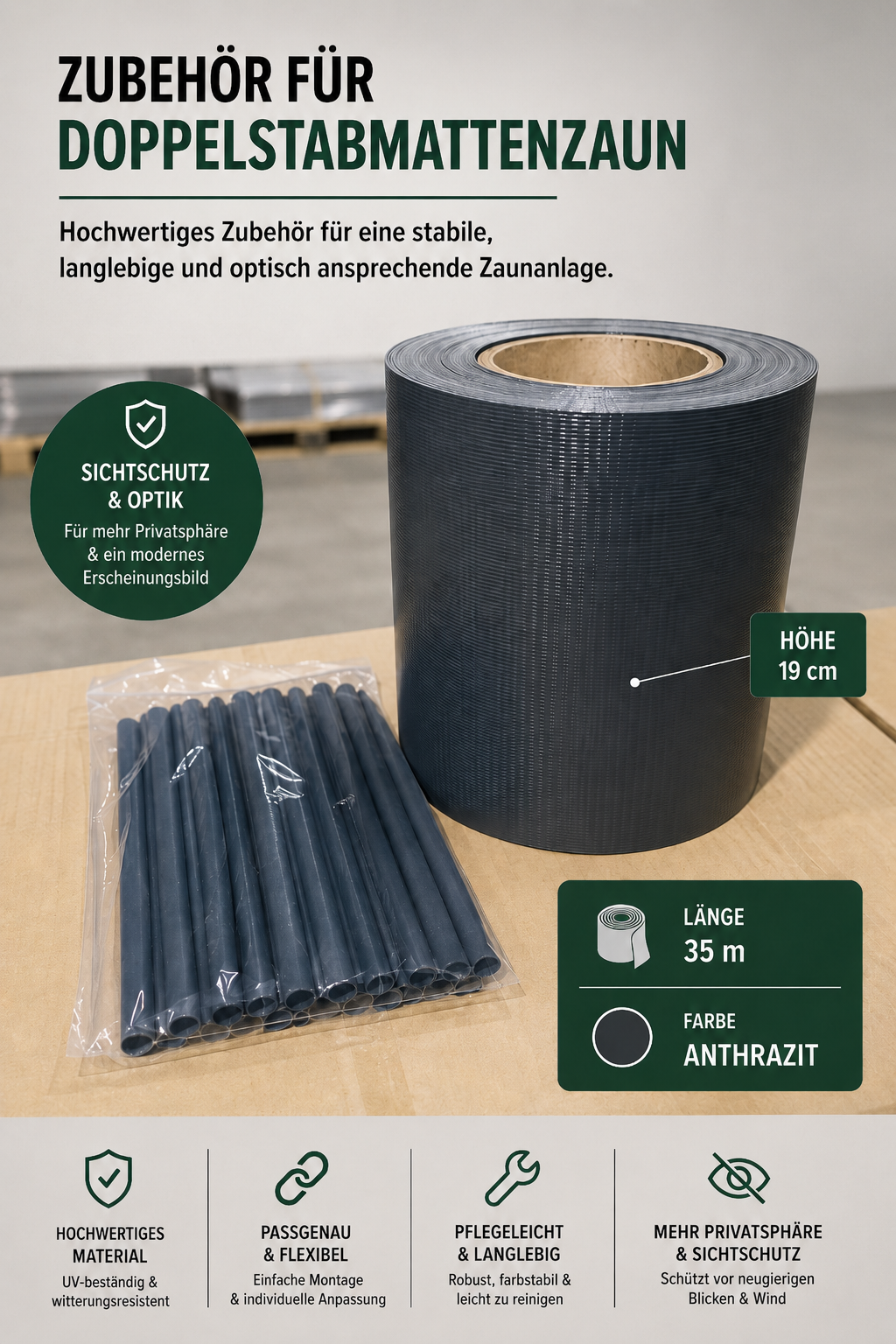 Sichtschutzstreifen für Doppelstabmattenzaun | PVC | 0,19x35m