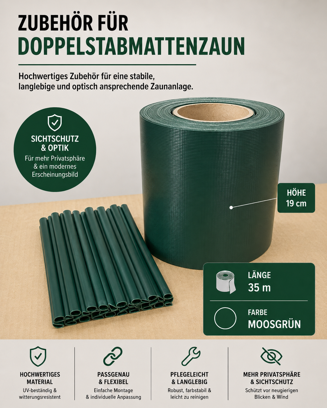 Sichtschutzstreifen für Doppelstabmattenzaun | PVC | 0,19x35m