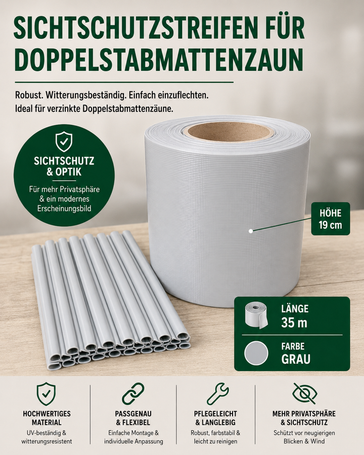 Sichtschutzstreifen für Doppelstabmattenzaun | PVC | 0,19x35m