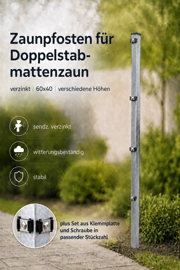 Doppelstabmatten Pfosten moosgrün mit Befestigung und detailliertem Bild