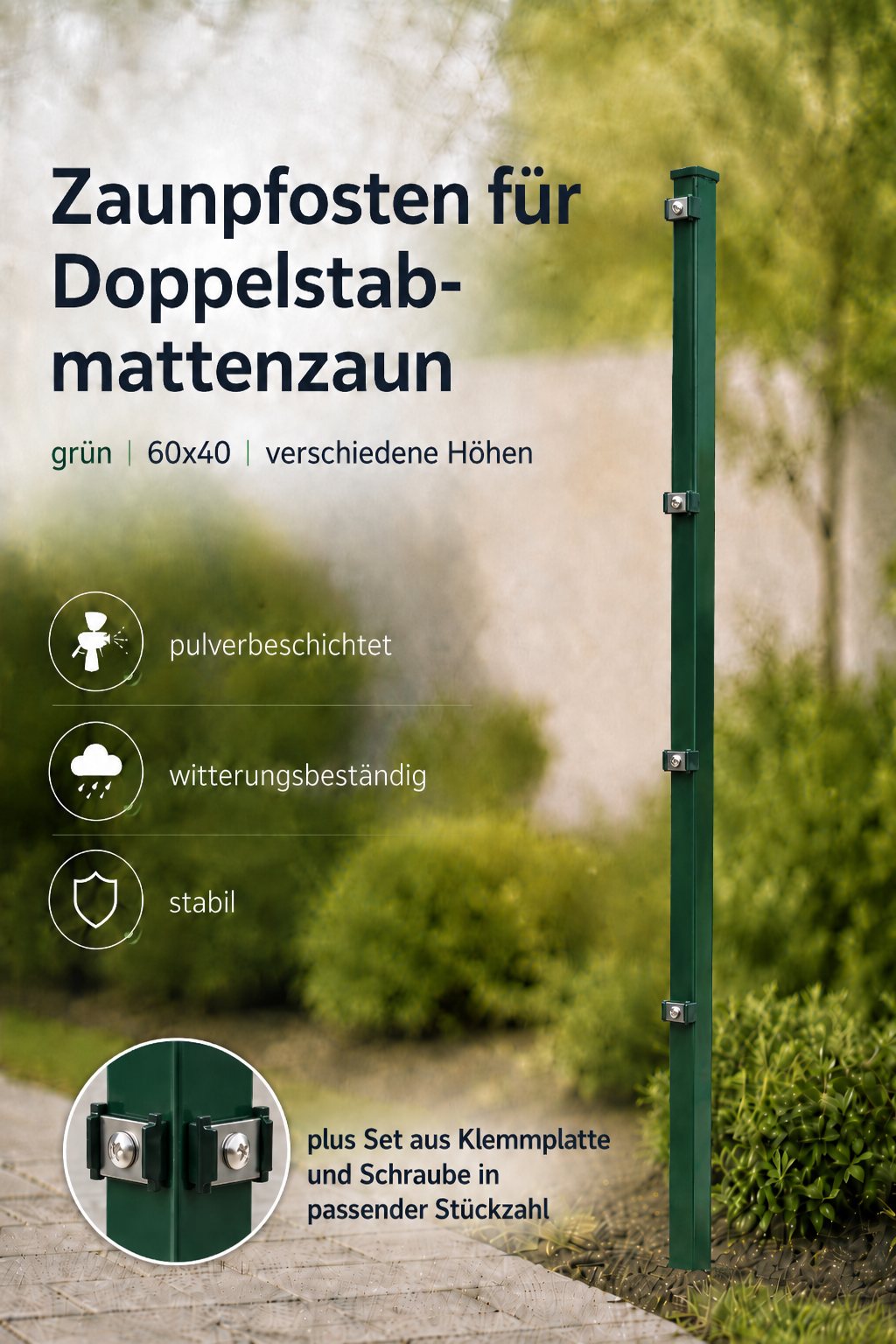 Doppelstabmatten Pfosten moosgrün mit Befestigung mit detaillierter Darstellung