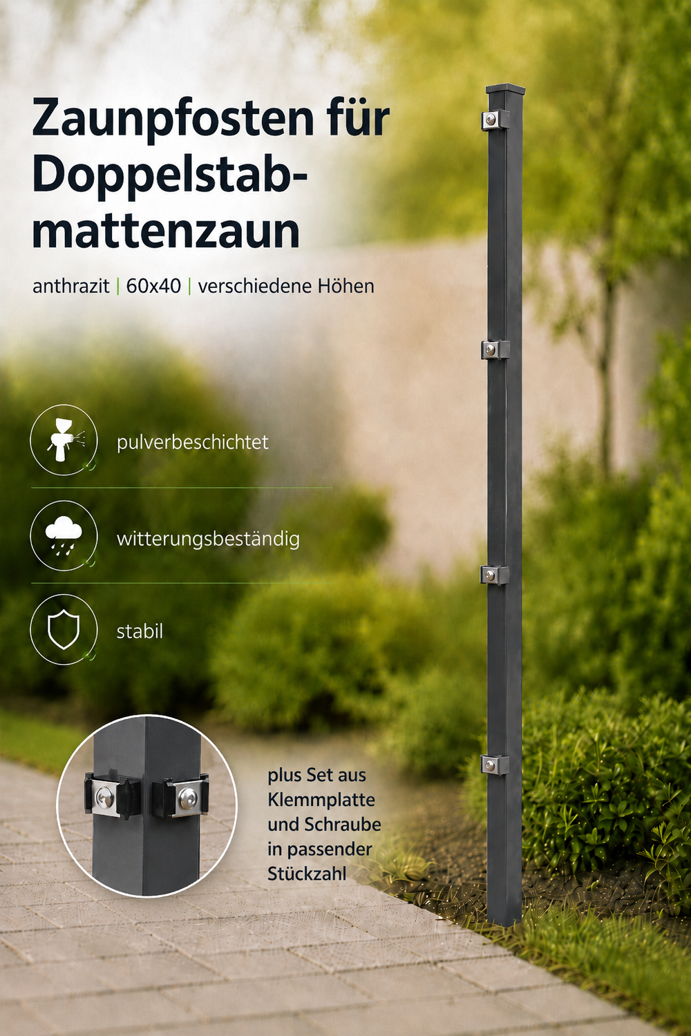 Doppelstabmatten Pfosten anthrazit mit Befestigung in detaillierter Darstellung