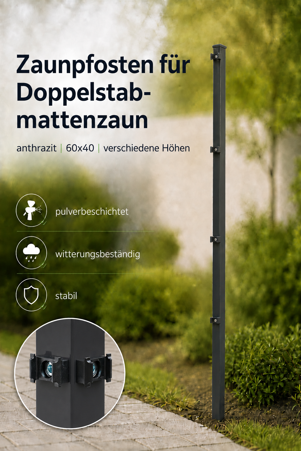 Doppelstabmatten Pfosten anthrazit ohne Befestigung mit Detailbild